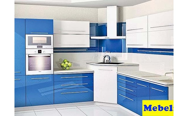 Кухня Пост-3 белый глянец -синий глянец